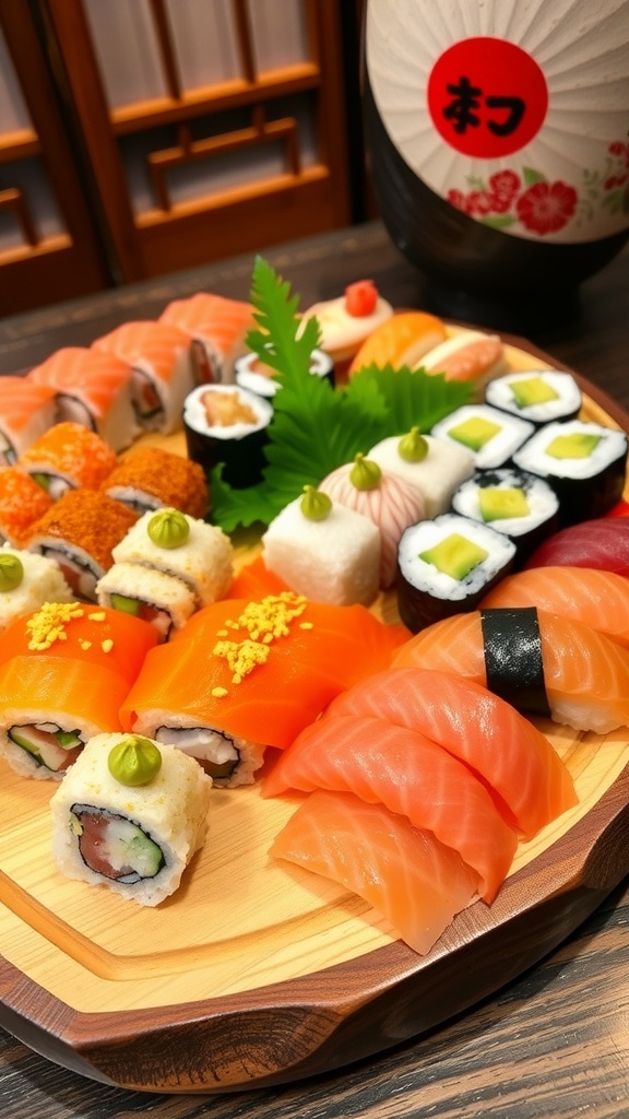 A wooden platter with various types of sushi including Maki, Nigiri, and Sashimi, garnished with wasabi and pickled ginger.